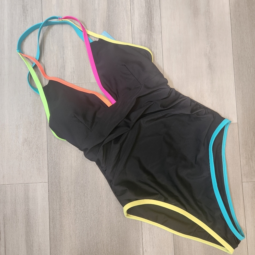 Neon straps swimsuit M black one piece deep V swimwear tummy control shaper new - Picture 2 of 12